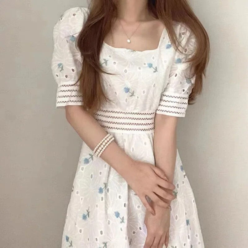 Thumbnail: Dress Women's Summer 2023 New Sweet Embroidery Square Neck Hollow A-line Dress