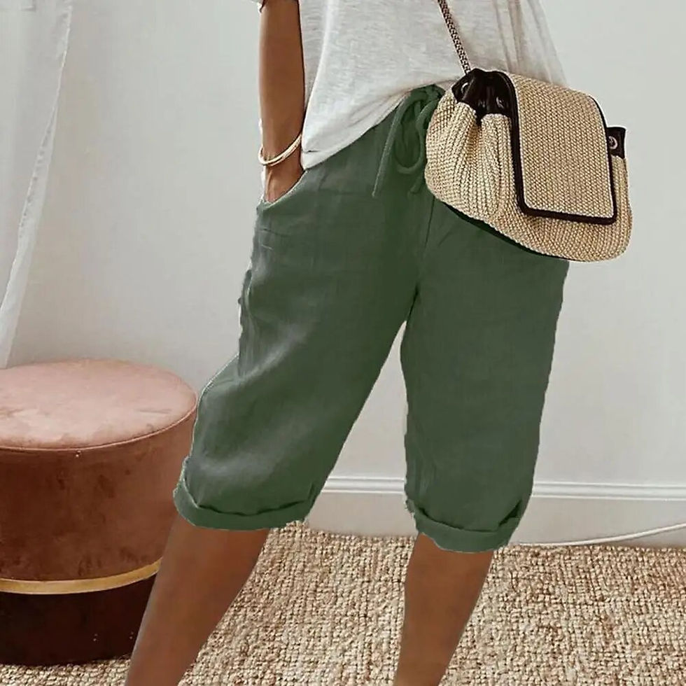 Thumbnail: Women Cotton Linen Shorts Vintage Loose Wide Leg Trousers Drawstring Knee-lengt