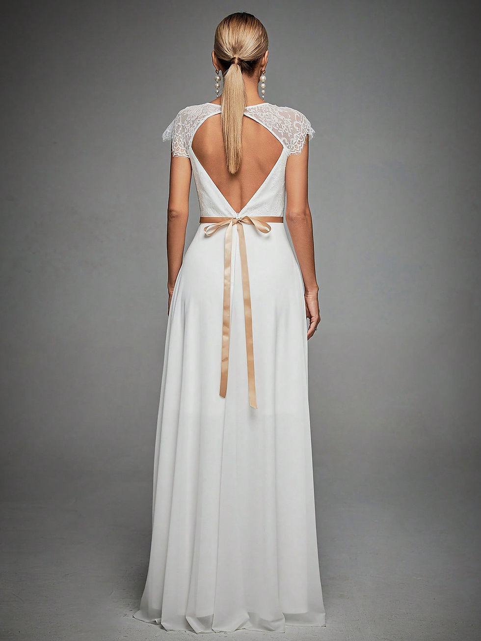 Thumbnail: Contrast Lace Cut Out Back Maxi Chiffon Wedding Dress