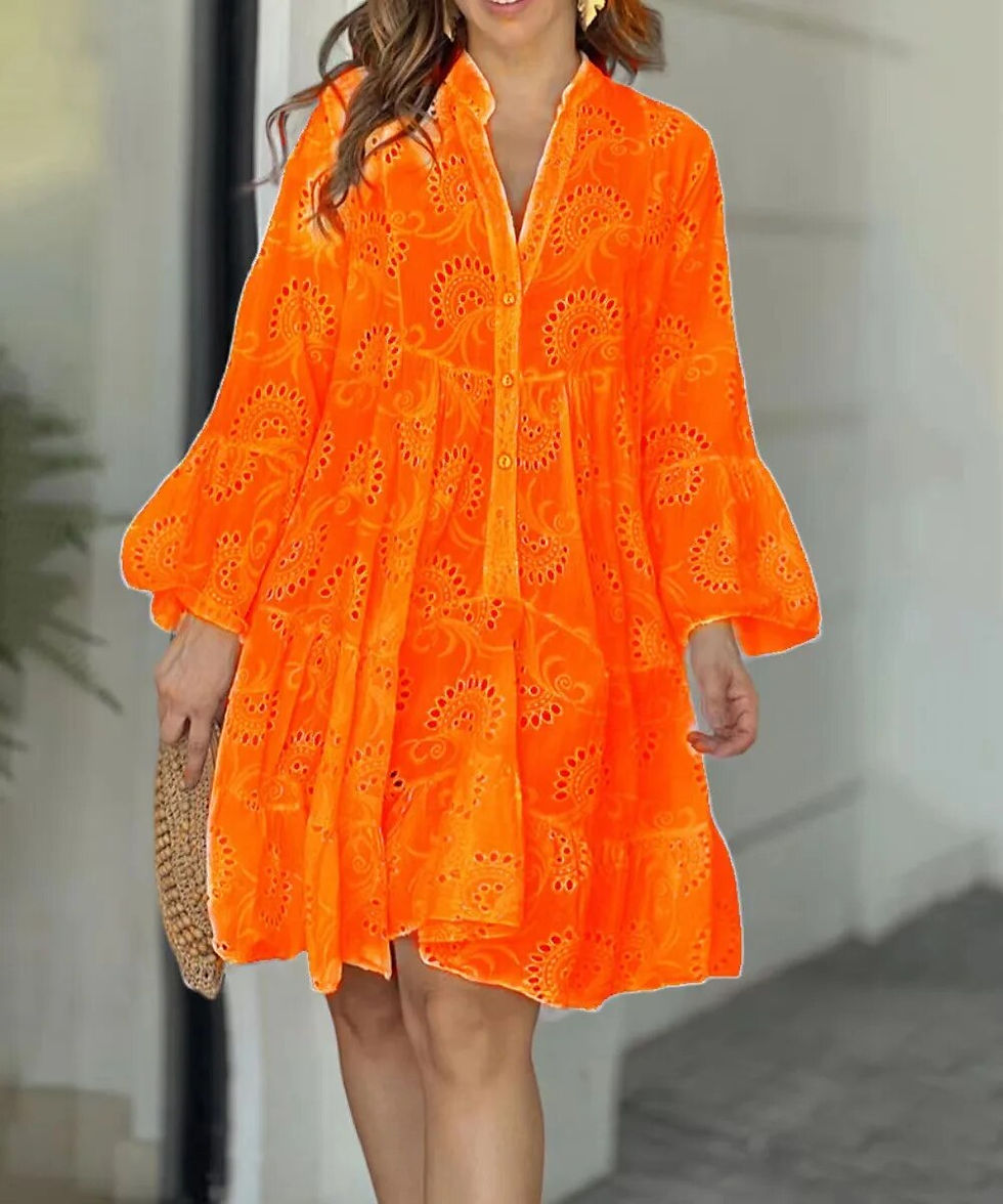 Thumbnail: Hollow Out Dresses for Women Summer Autumn Elegant Vintage Solid Lace Dress V-n