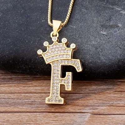 Thumbnail: Nidin New Luxury Copper Zircon A-Z Crown Alphabet Pendant Chain Necklace Hip-Ho