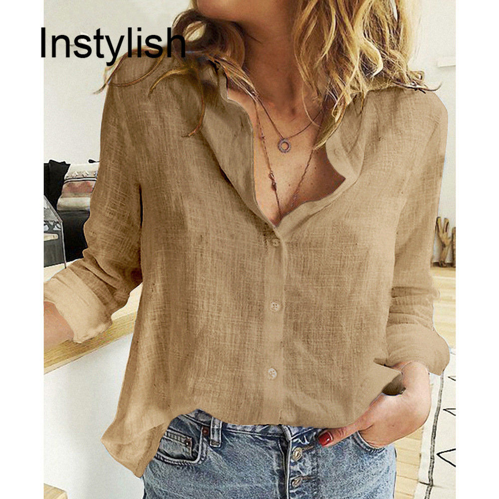 Women Casual Long Sleeve Cotton Linen Loose Shirt Elegant Solid Harajuku Lapel