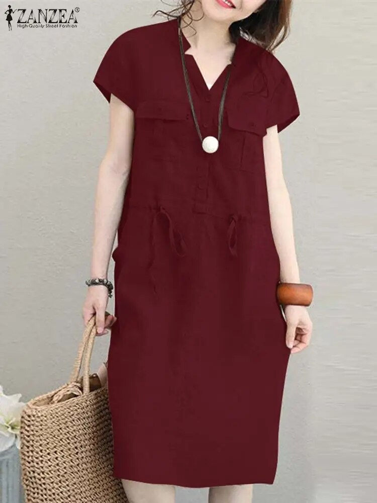 Thumbnail: ZANZEA Summer Short Sleeve Solid Knee-length Dress Fashion Women V Neck Casual