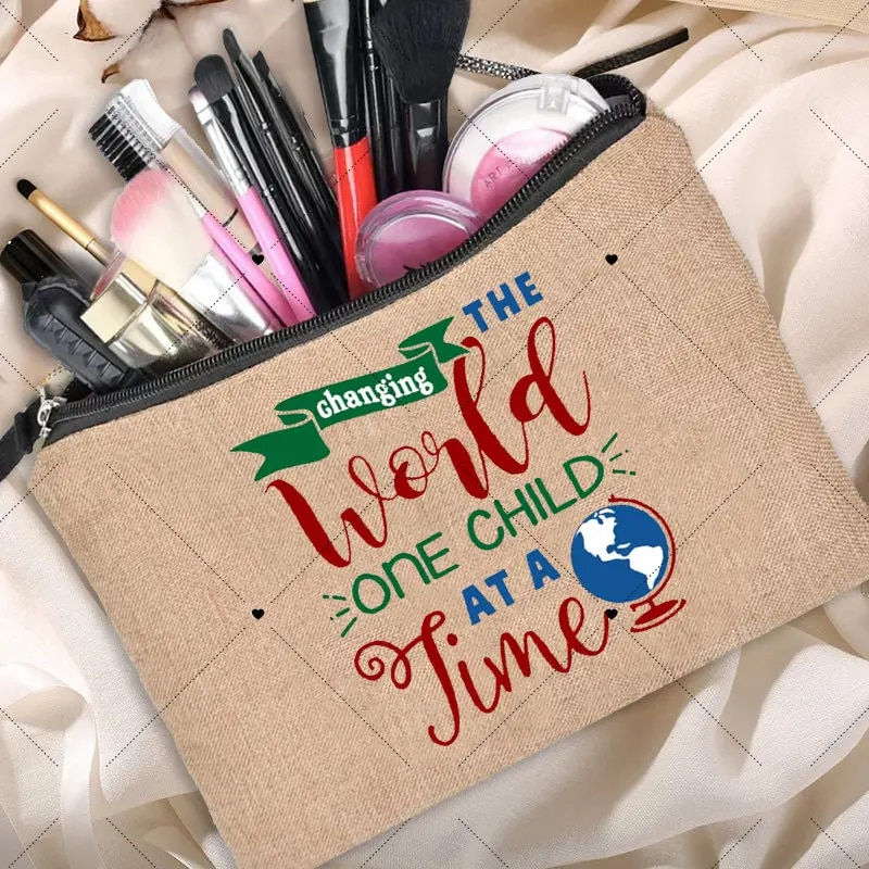 Thumbnail: Teacher Change The World Linen Pouch  Neceser Makeup Bag Travel Toiletry Organi