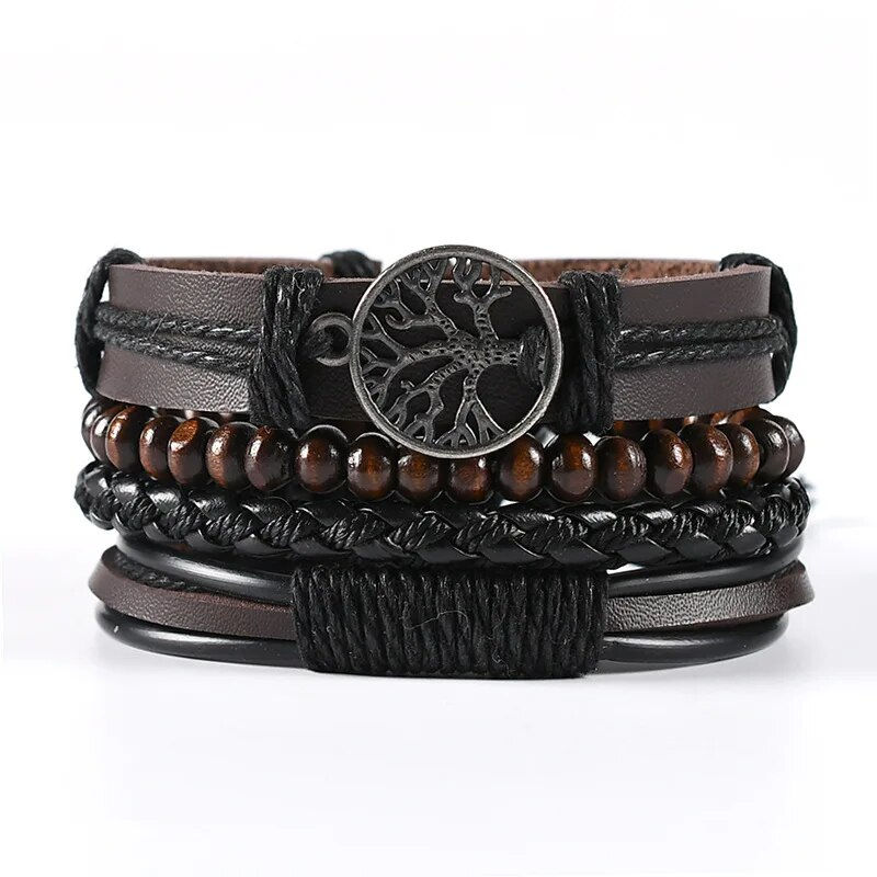 Thumbnail: Vintage Style 4pcs Set Braided Wrap Leather Man Bracelets Life Tree Rudder Char