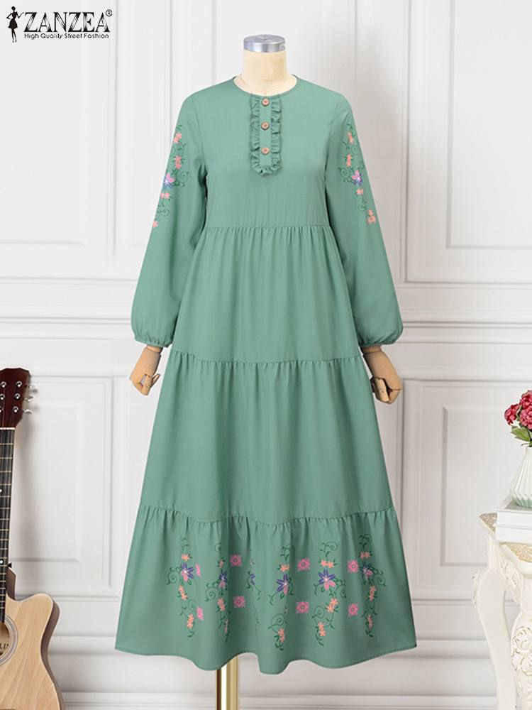 Thumbnail: ZANZEA Bohemian Women Long Sleeve Floral Printed Maxi Dress Spring Muslim Dubai