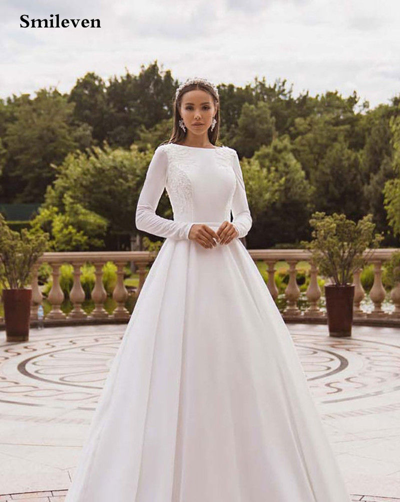 Thumbnail: Smileven Elegant Satin Wedding Dresses Long Sleeve Lace Bride Gown Muslim Weddi