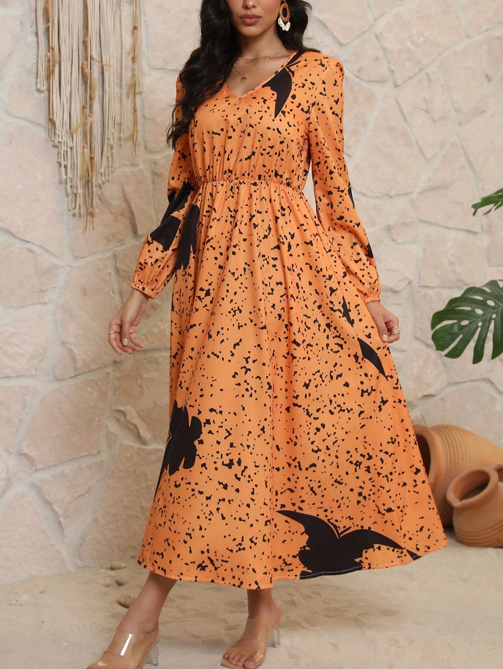 Miniatura: Spring/Summer New V-Neck Long Sleeve High Waisted Floral Dress For Women