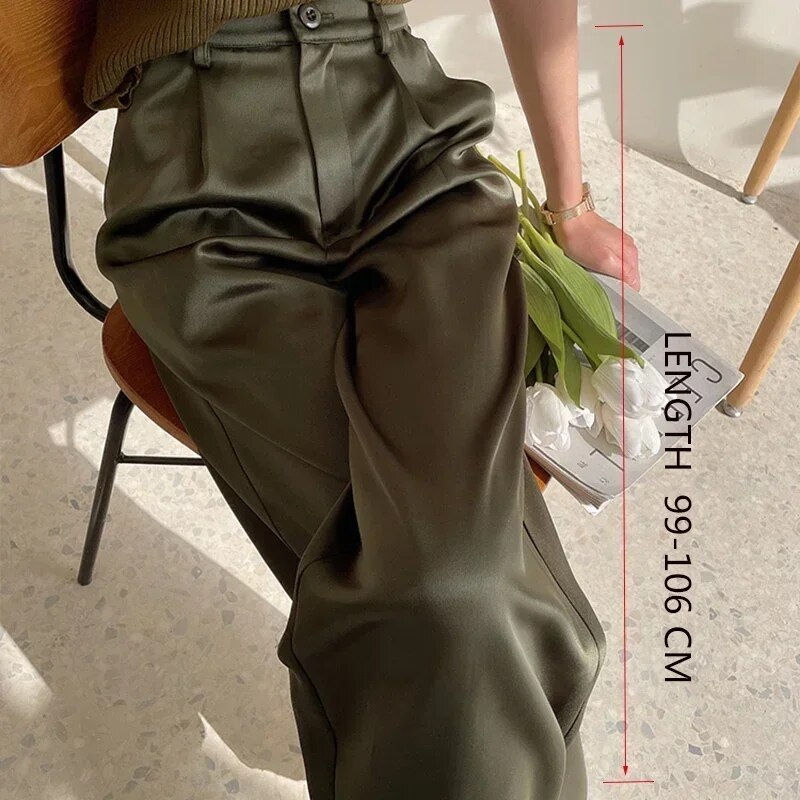 Miniature : 2024 Spring Summer Ice silk Satin Women's Pants Wide Leg High Waist Casual Blac
