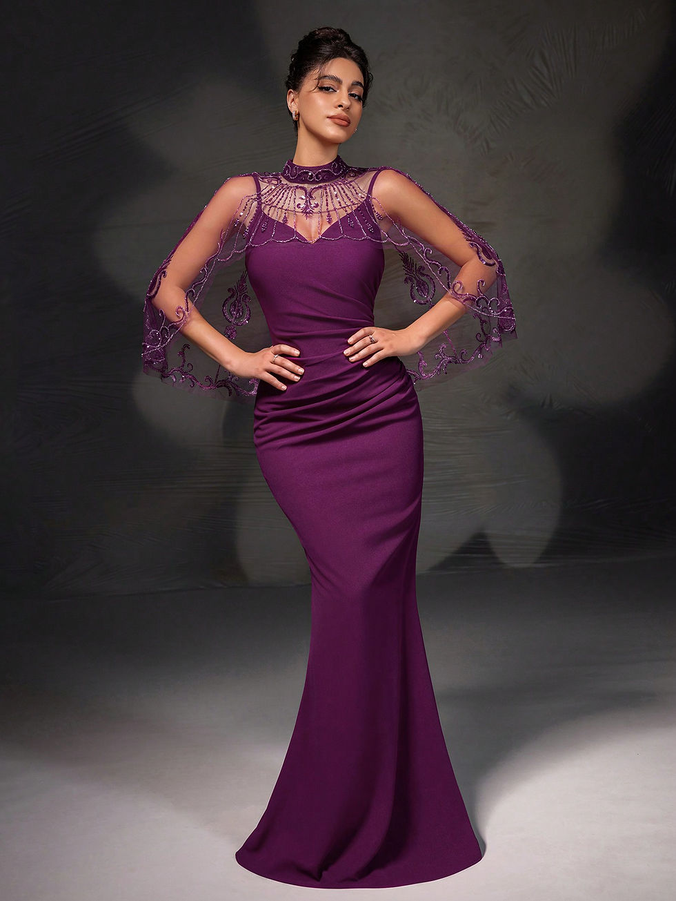 थंबनेल: New Arrival High-End Elegant Slim Solid Color Mesh Patchwork Split-Front Cardig