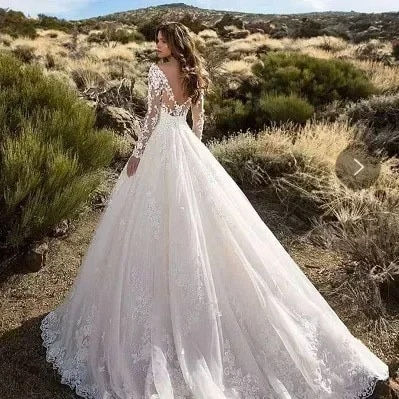 Thumbnail: 2024 Elegant High Waist Wedding Dress Women Clothing Pure White Long Sleeves Wo