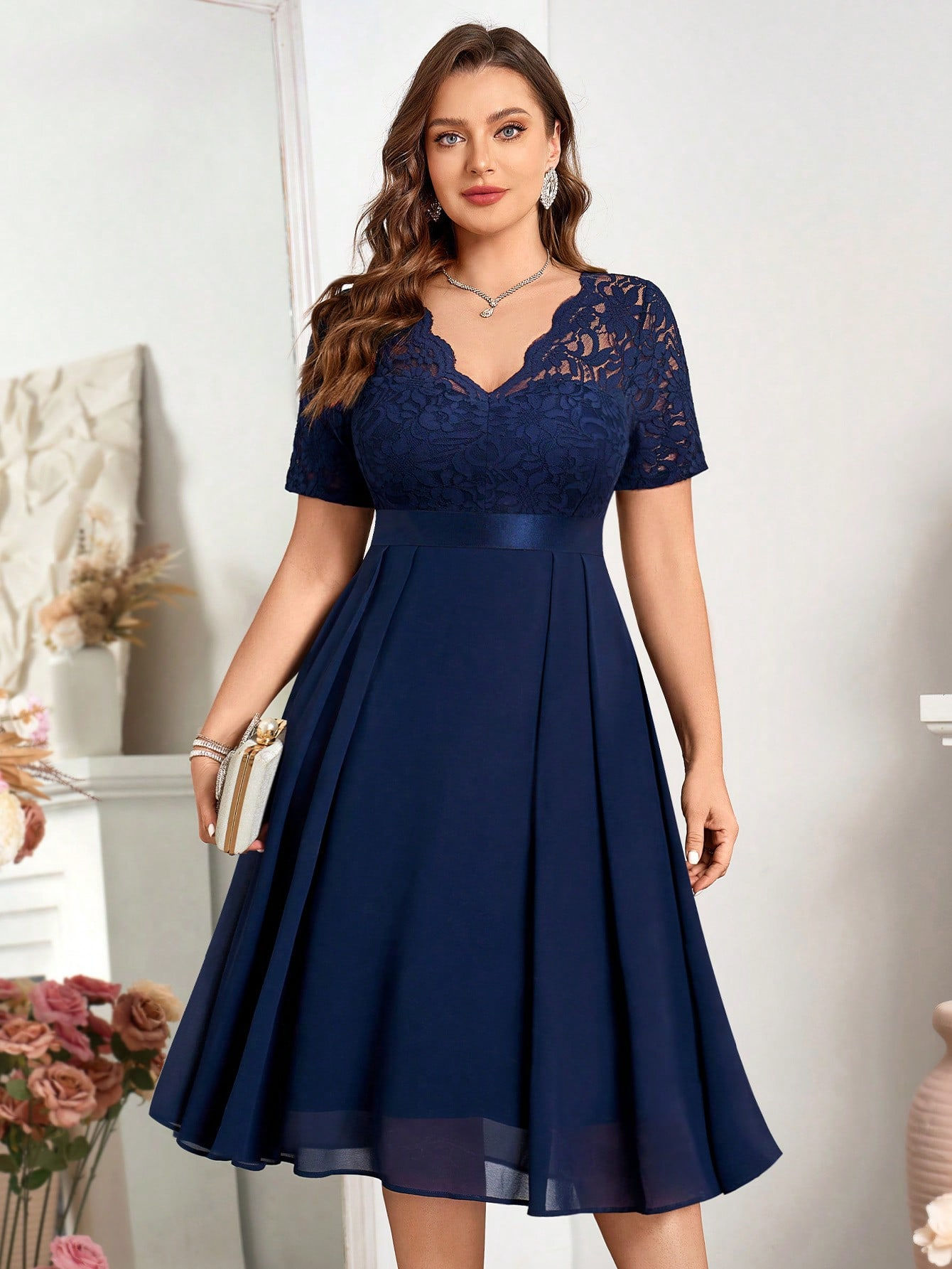 Plus Floral Lace V-Neck Ruffle Trim Chiffon Hem Cocktail Party Swing Dress