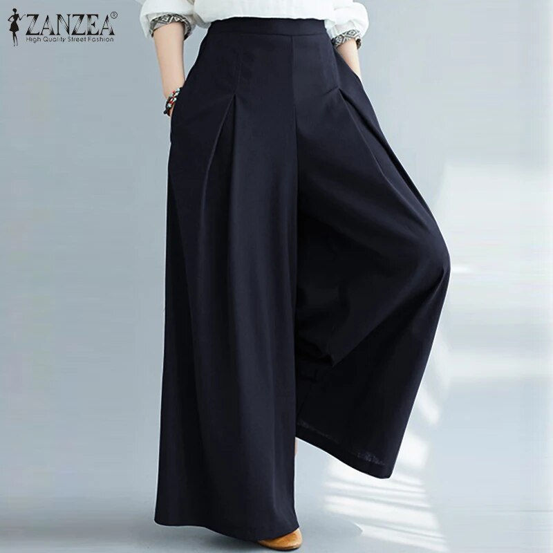 ZANZEA Women Elastic Waist Wide Leg Pants Loose Autumn Trousers Culottes Elegan