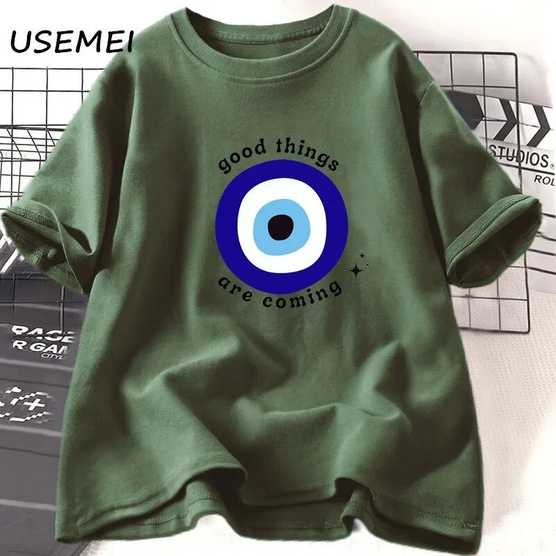 섬네일: Good Things Are Coming Evil Eye Tshirt Woman Cotton Short Sleeve T-shirt Aesthe