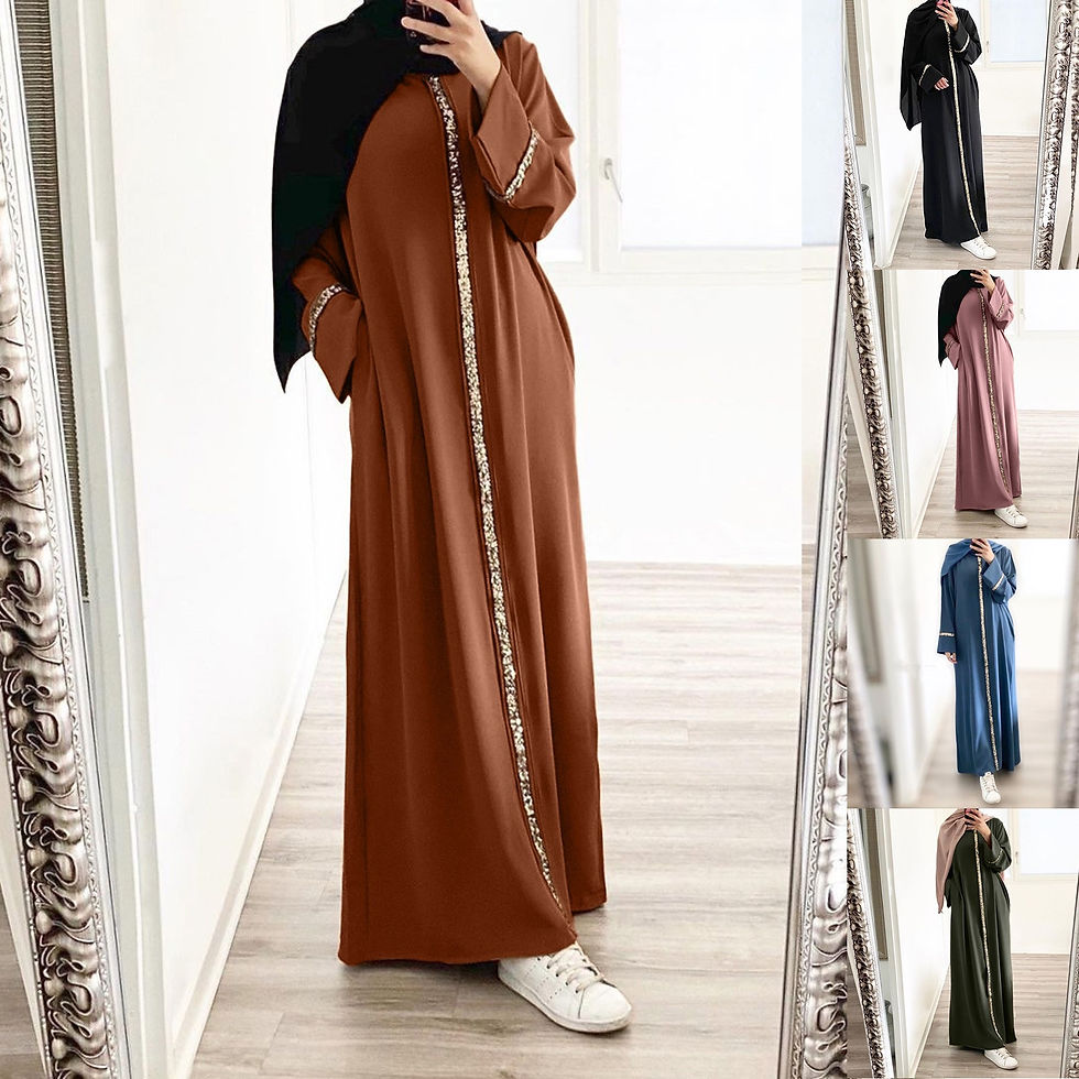 Thumbnail: Muslim Robe Fashion Splicing Panelled Sequins Dress Solid Color Chiffon Dress F