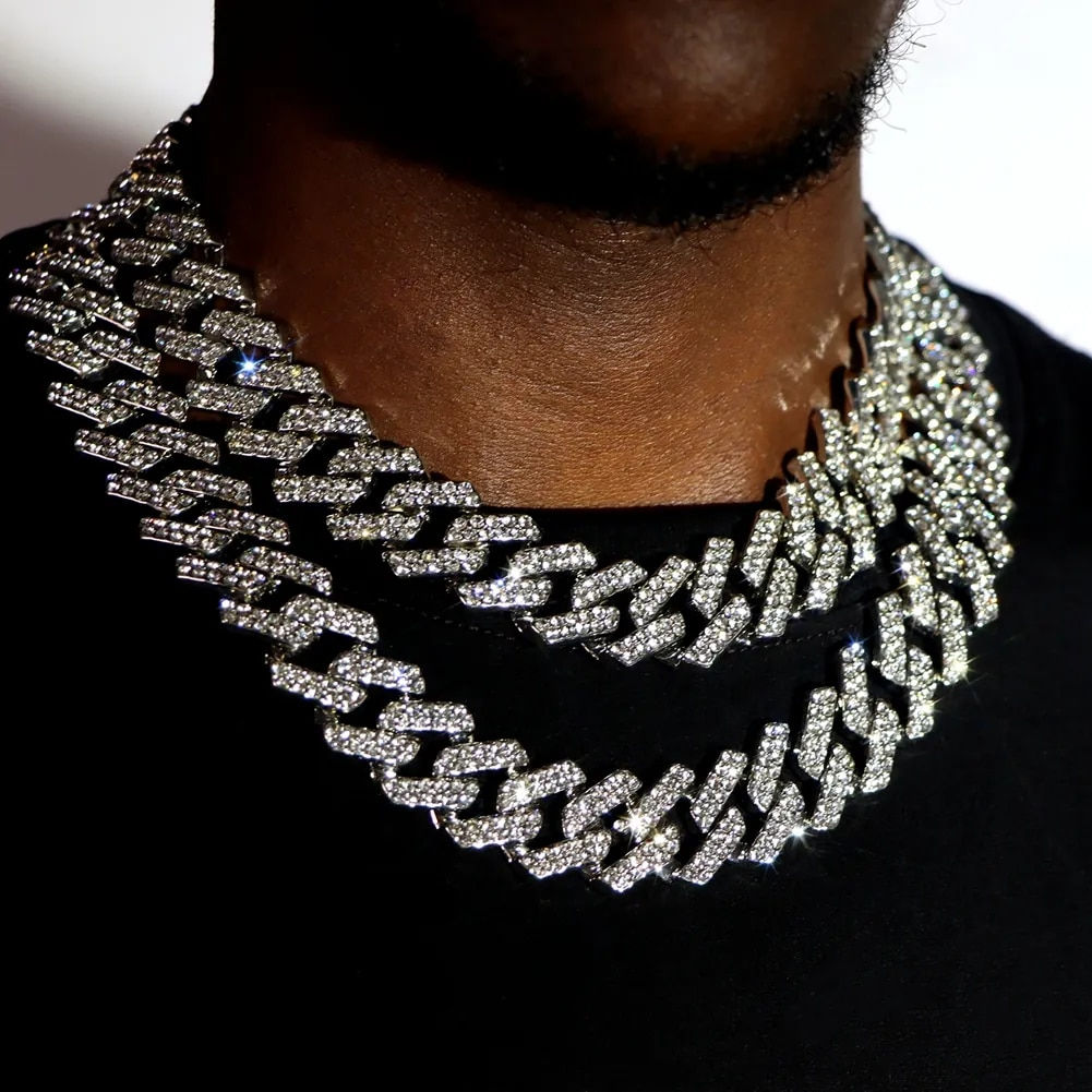 Punk Hip Hop Iced Out Rhinestones Cuban Chain Necklace For Men Women Bling Crys