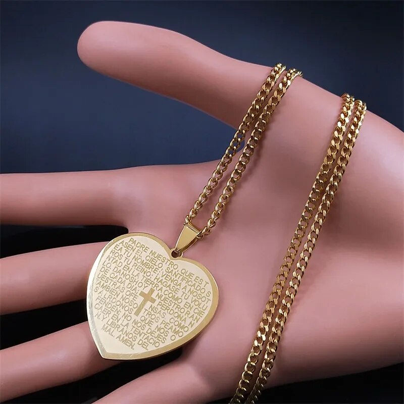 Miniatura: Heart Shape Bible Cross Necklace Women Stainless Steel Gold Color Long Chain Ne