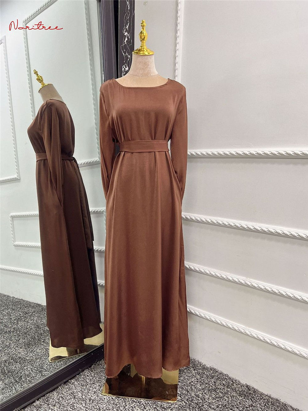 Thumbnail: Fashion Satin Sliky Djellaba Muslim Dress Dubai Full Length Flare Sleeve Soft S