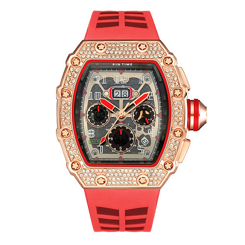 PINTIME Casual Fashion Men's Watches Tonneau Type Metal Case Diamond Bezel Chro