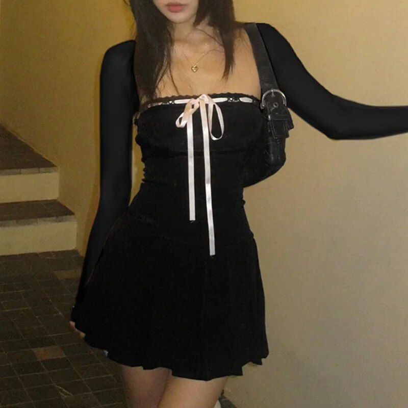 Thumbnail: Women Sweet Lace Trim Bow Pleated Dress Mini Coquette Korean Fashion Square Nec