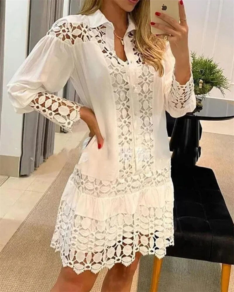 Miniaturebillede: 2023 Spring Patch Shirt Dress With Guipure Lace Cami Dresses Women White Weddin