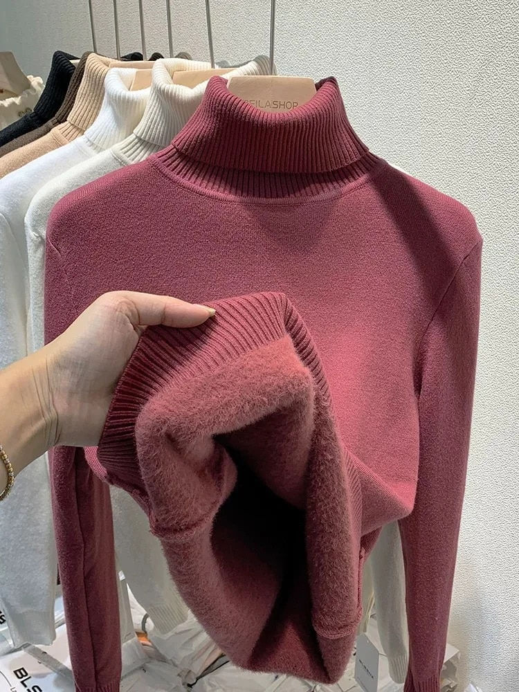 サムネイル： Turtleneck Winter Sweater Women Elegant Thicken Velvet Lined Warm Sueter Knitte