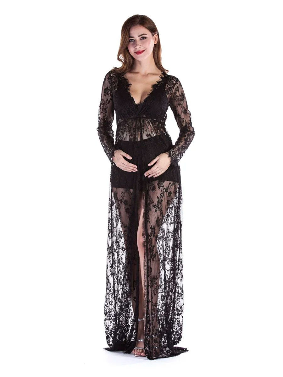 Thumbnail: Women Front Split Long Maxi Maternity Lace Dress Pregnant Gown Photography Prop