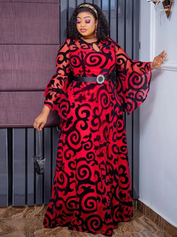 Thumbnail: Long Sleeve Chiffon Dresses For Women African Dashiki Print Robe Dubai Abayas W