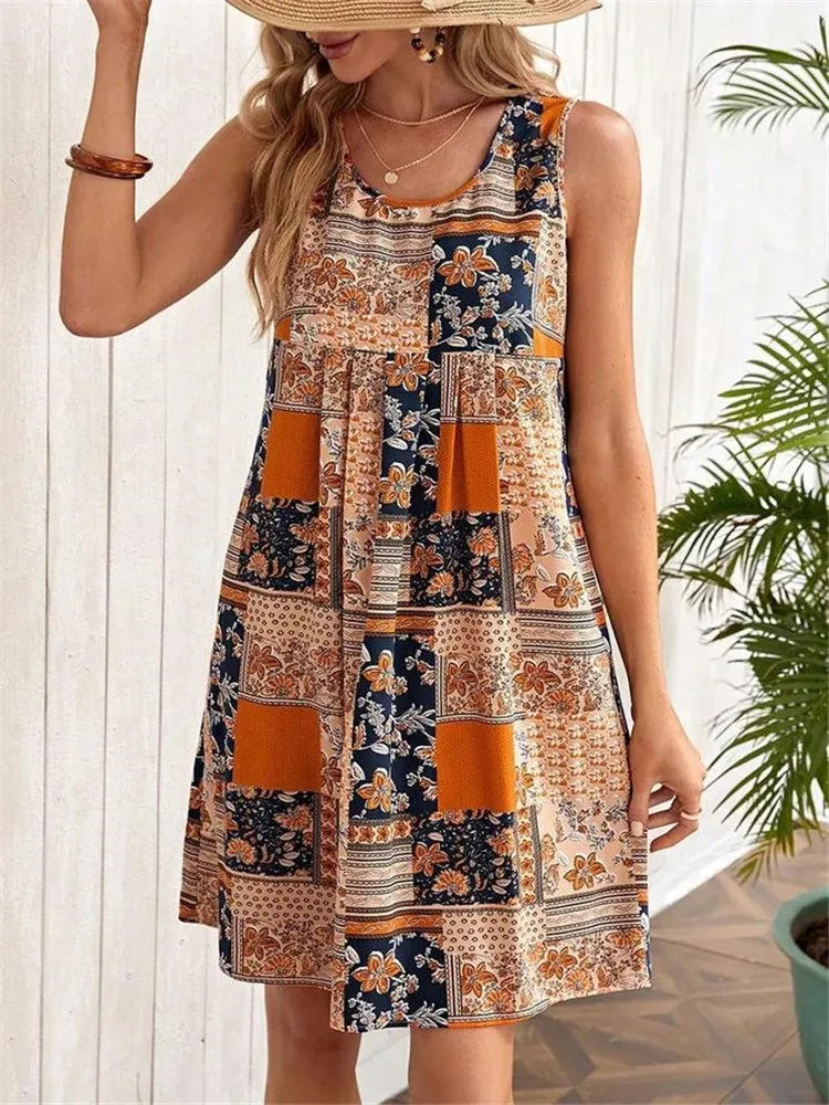 Miniatura: Ethnic Style Women Sleeveless Geometry Plaid Print Dress Summer Plus Size Loose