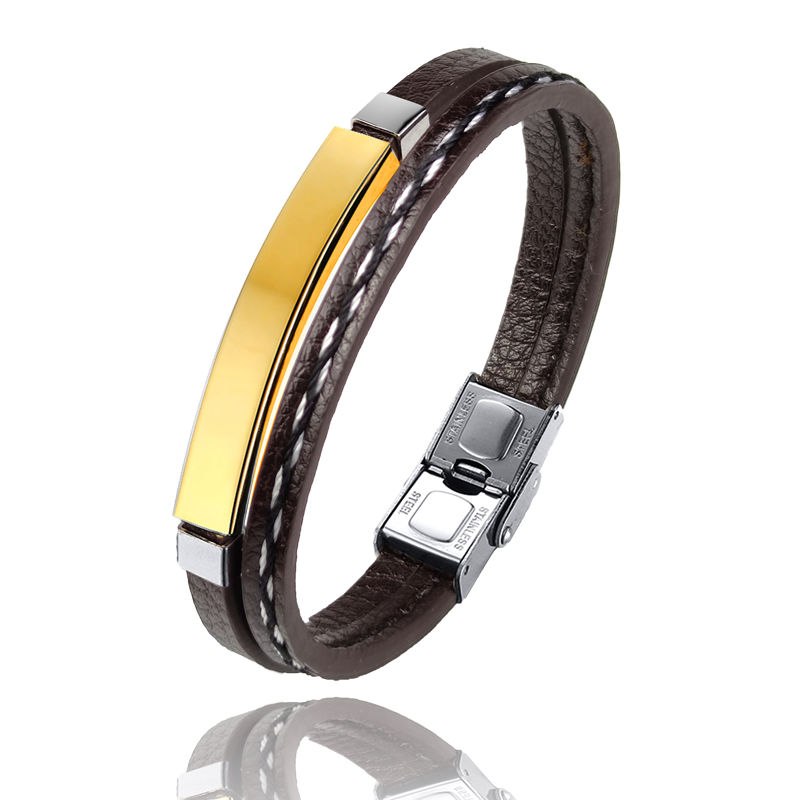 縮圖：Business Men's Custom Name Men Charm Bracelet Stainless Steel Leather Fashion W