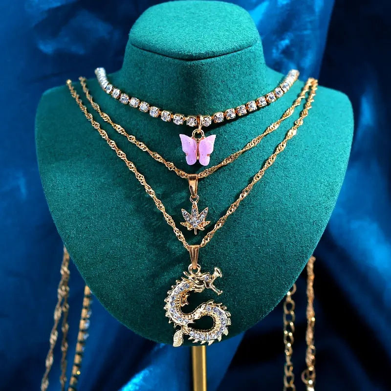 Miniaturebillede: New Multi Layer Butterfly Dragon Charms Crystal Necklaces For Women Punk Golden