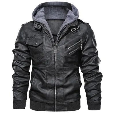 Miniatura: Crocodile brand Hood Mens Leather Jacket Motorcycle Winter Fleece Warm Biker Vi
