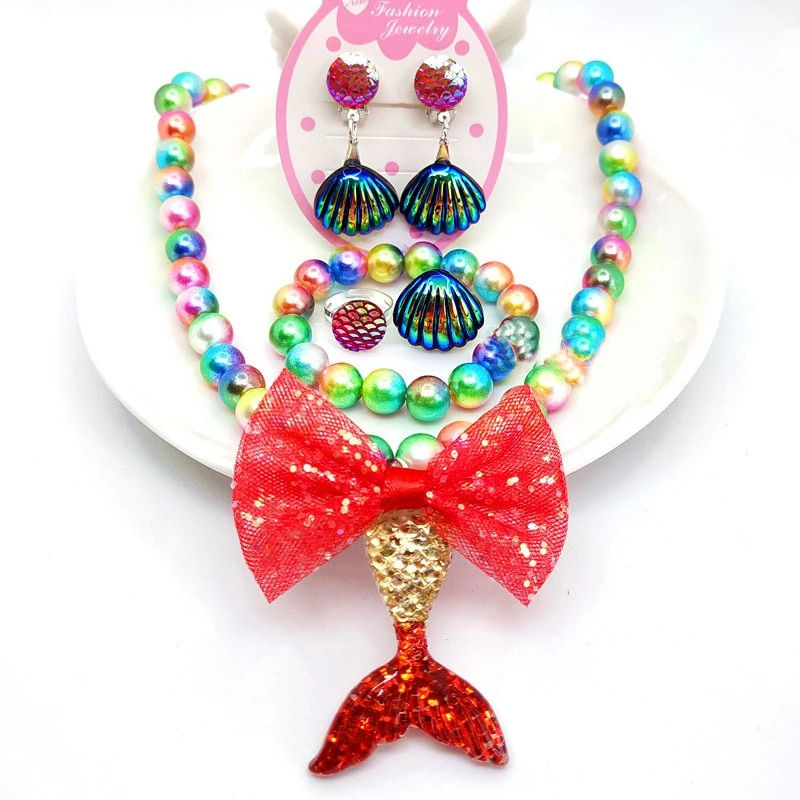 Thumbnail: Baby Girls Beads Necklace Set Fashion Mermaid Tail Pendant Child Kids Adjustabl
