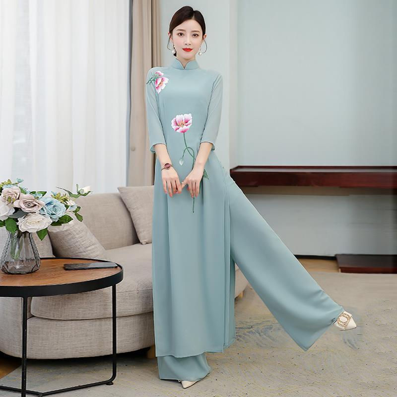 Thumbnail: Spring Summer Ao Dai Cheongsam Folk Style Vietnam Chiffon Aodai Graceful Elegan