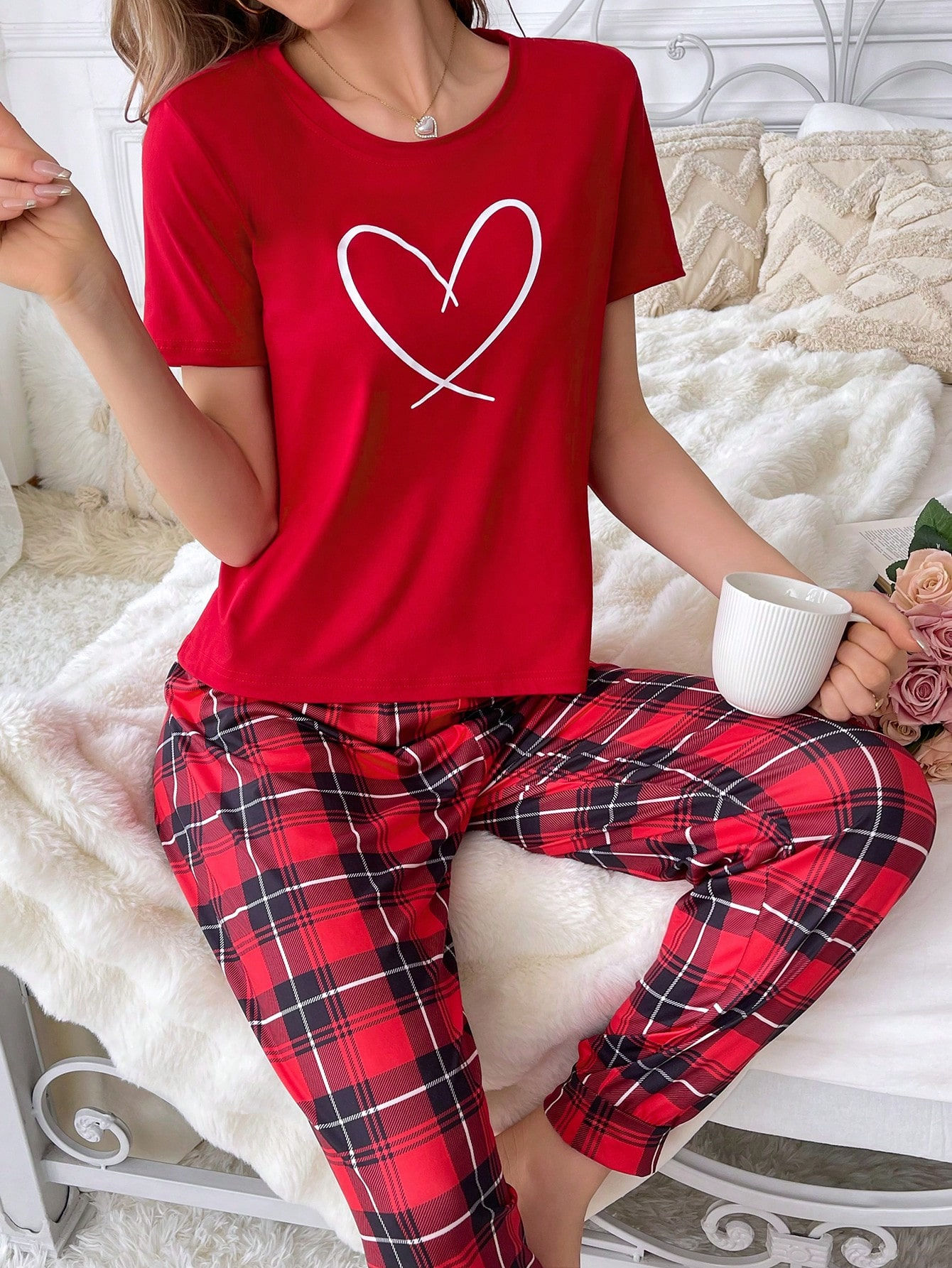 Heart Print Short Sleeve Top & Plaid Pants Pajama Set
