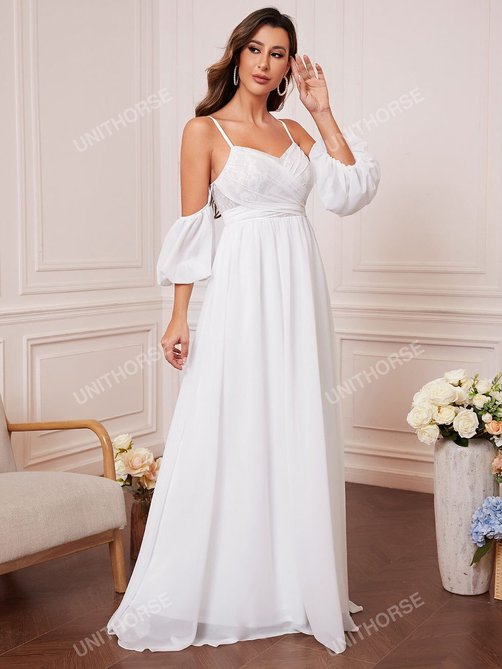 Thumbnail: Cold Shoulder Contrast Lace Tie Back Chiffon Wedding Dress