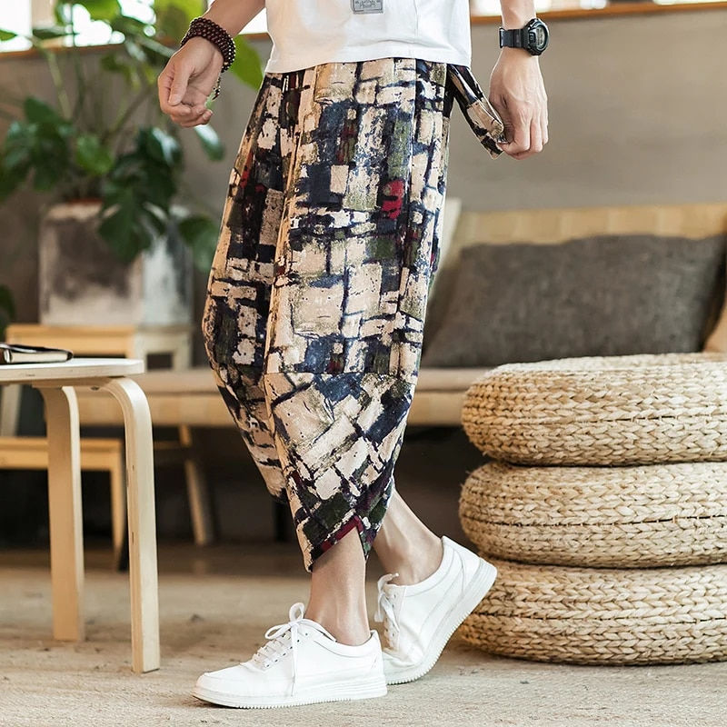 Thumbnail: Harajuku Summer Loose Calf Length Casual Pants Men Wide Leg Cotton Linen Printi