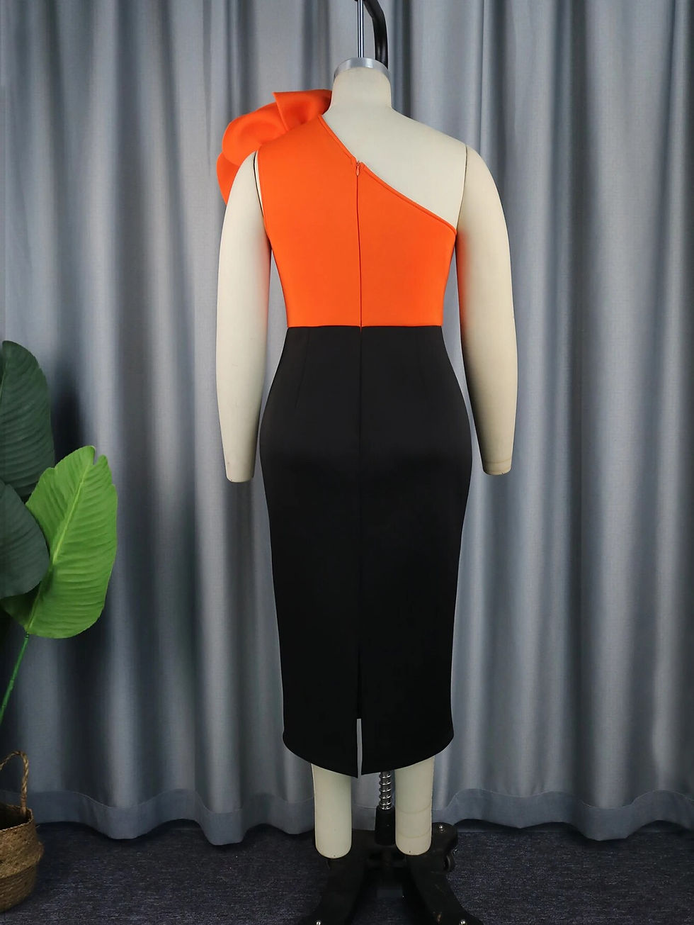 Thumbnail: One Shoulder Dresses for Women Orange Flower Patchwork Plus Size Pencil Stylish