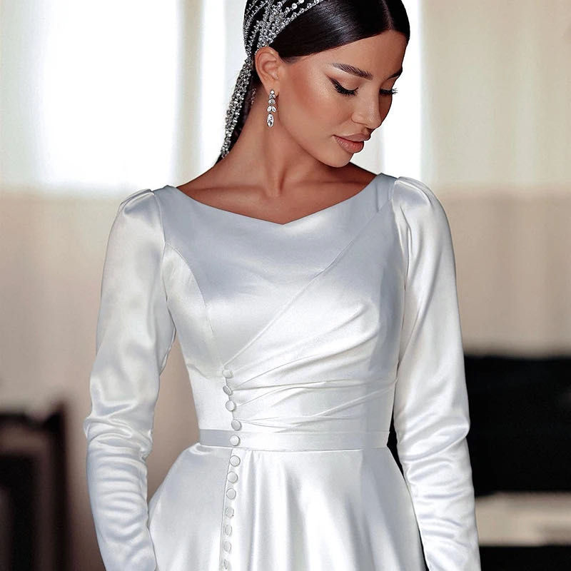 Thumbnail: Elegant Satin Custom Made A Line Wedding Dress For Women 2024 Buttons Front Bri