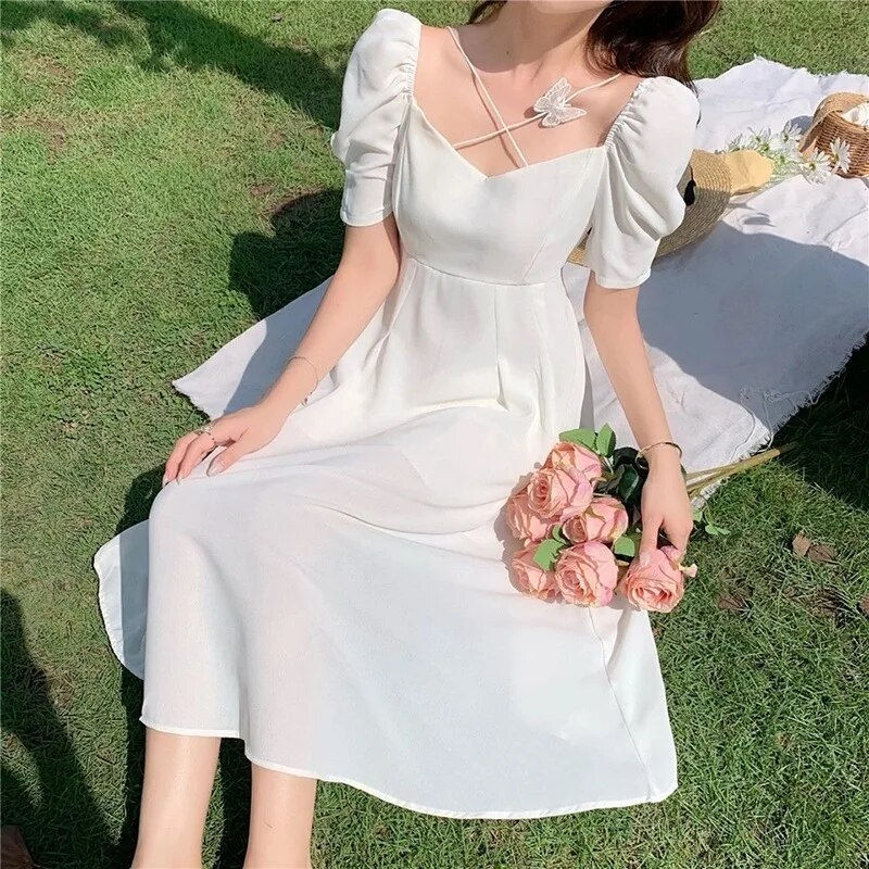 Miniatura: EVNISI Women Summer White Dress Puff Sleeve Party Dating Dress Square Neck A-li