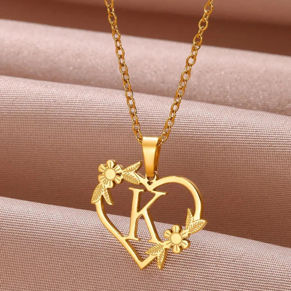 Gold Color Dainty Flower Initials Necklace Women Girl Stainless Steel Heart Let