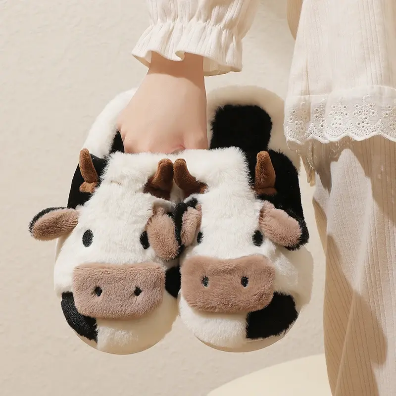 Miniature : New Winter Unisex Cartoon Cow Warm Plush Slippers Couple's Indoor Non-slip Hous