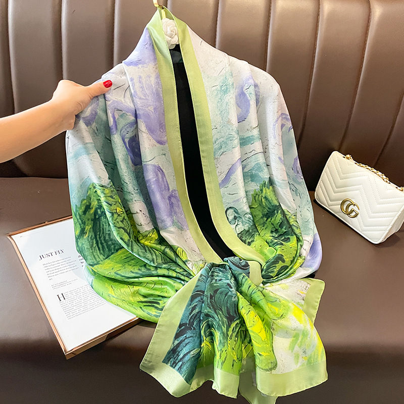 Thumbnail: Van Gogh Oil Painting Apricot Flowers Silk Scarf Women Designer Tree Shawl Long