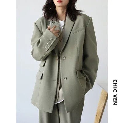 Thumbnail: CHICVEN  Women Office Lady Blazer Cuff Embroidery Wide Shoulder Twill Suit Wome