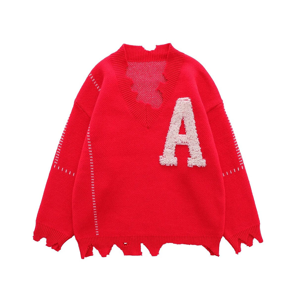 Thumbnail: Irregular Hem Frayed Letter Embroidery V Neck Casual Sweaters Men and Women Hig