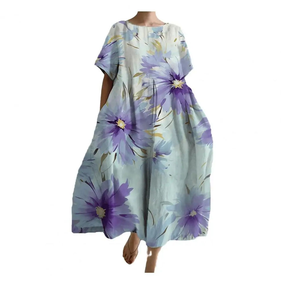 Thumbnail: A-line Dress Bohemian Style Floral Printed Midi Dress for Women Loose Round Nec