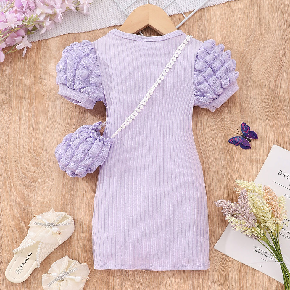 Thumbnail: Little Girl's Bodycon Dress & Bag, Puff Sleeves Round Neck Solid Color Slim Dre