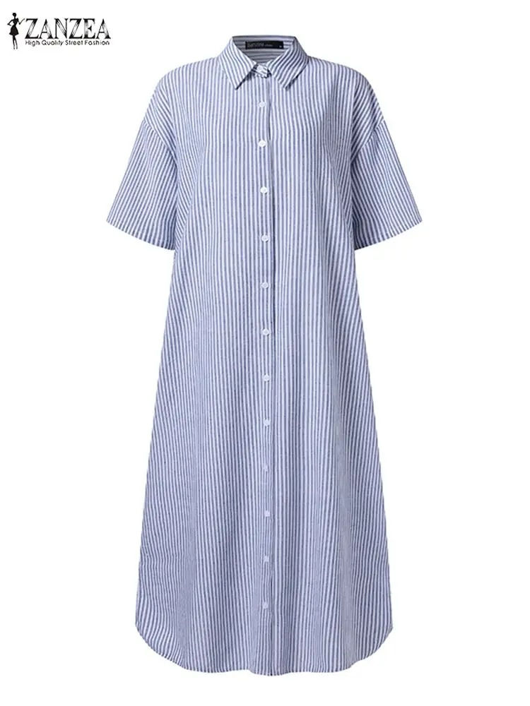 Thumbnail: 2023 ZANZEA Fashion Women Striped Long Shirt Dress Summer Lapel Neck Half Sleev