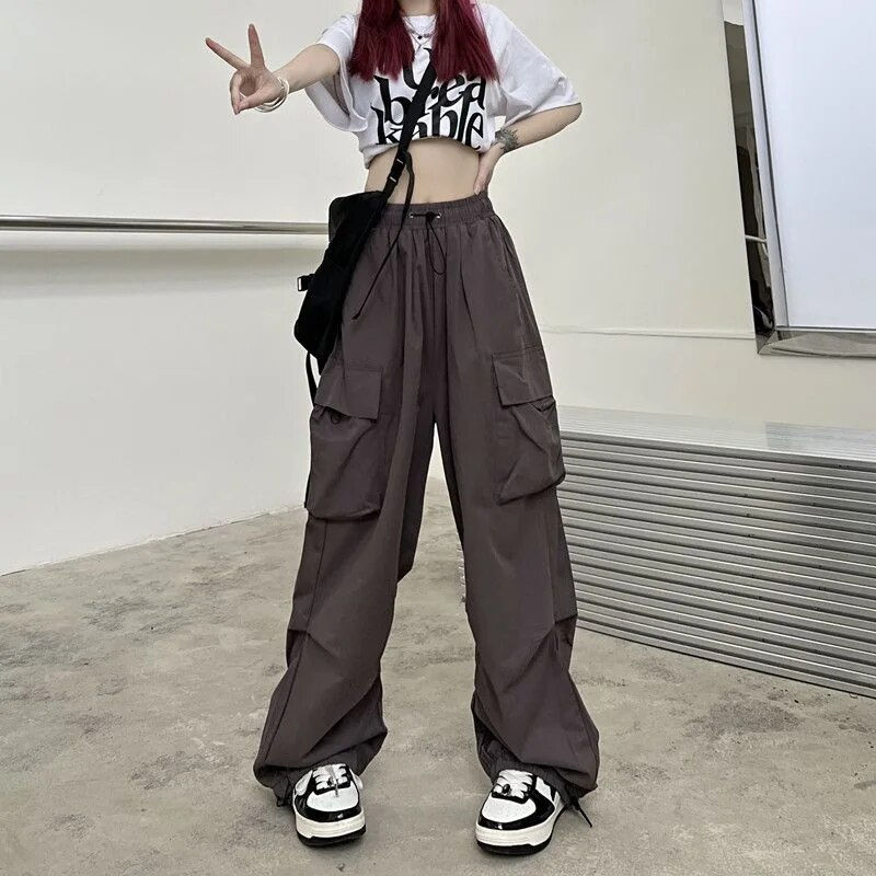 Thumbnail: Y2K Trousers Women Cargo Pants Straight Wide Leg Drawstring Oversize Pockets Kp