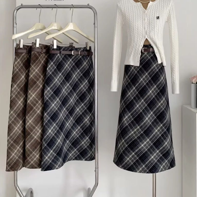 Miniatura: High Waist Mid-length Woolen Plaid Skirt For Women